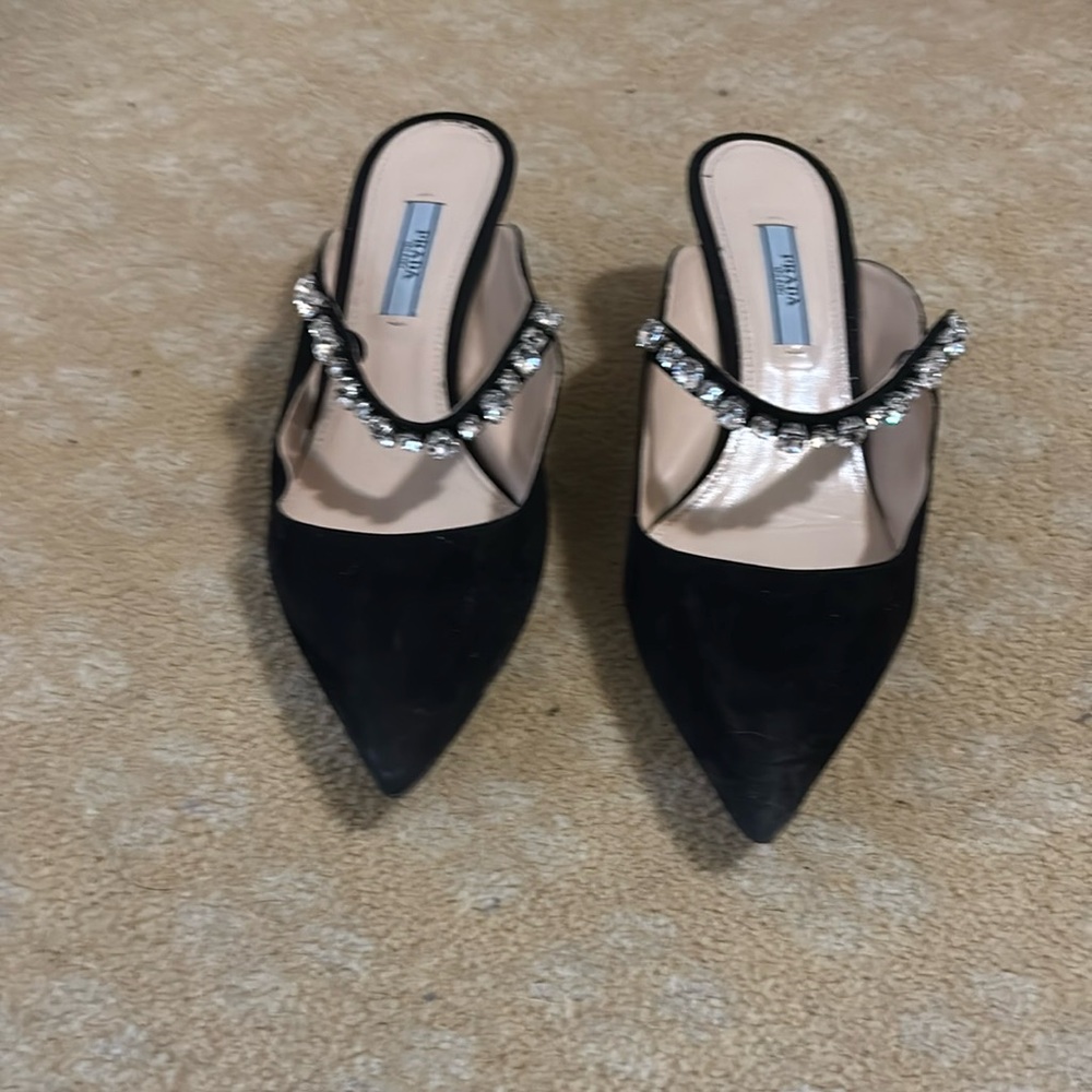 Elegant Prada Size 7.5 Black Mules with Rhinestone Detail